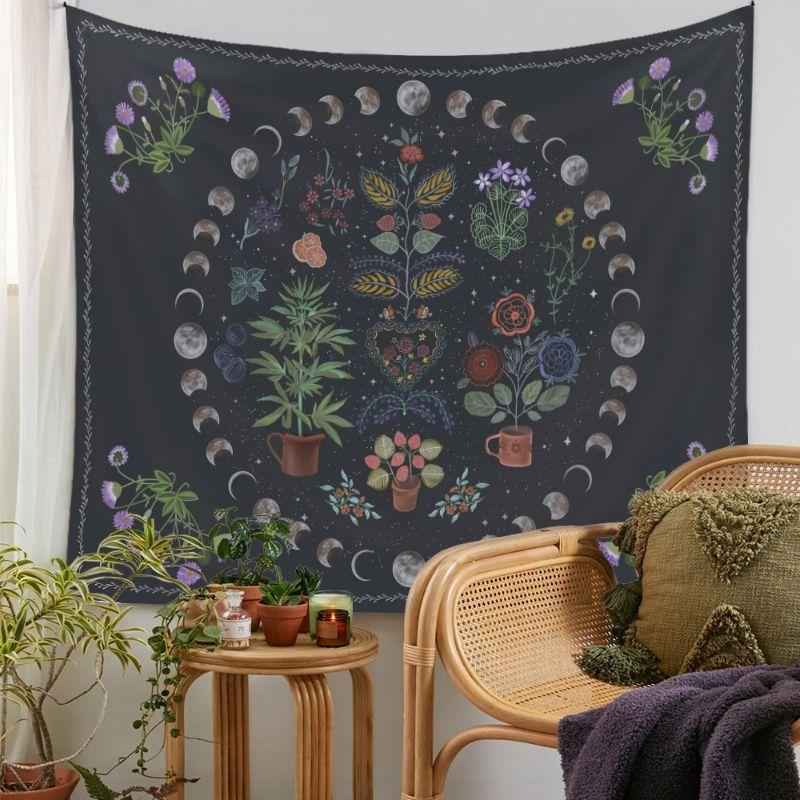 Moon Phase Floral Crystal Wall Tapestry Black Background Lunar Cycle Potted Plant Gemstone Hand Mushroom Butterfly Occult