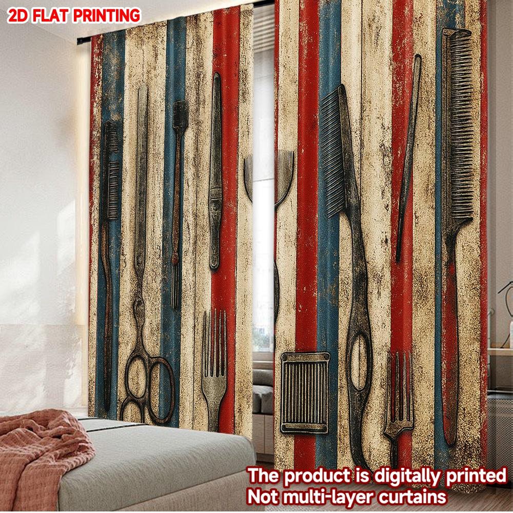 2D flat printing 2pcs Drapes Retro hairdressing elements Digital Printed Polyester Drapes Festive Holiday Perfect for Festive