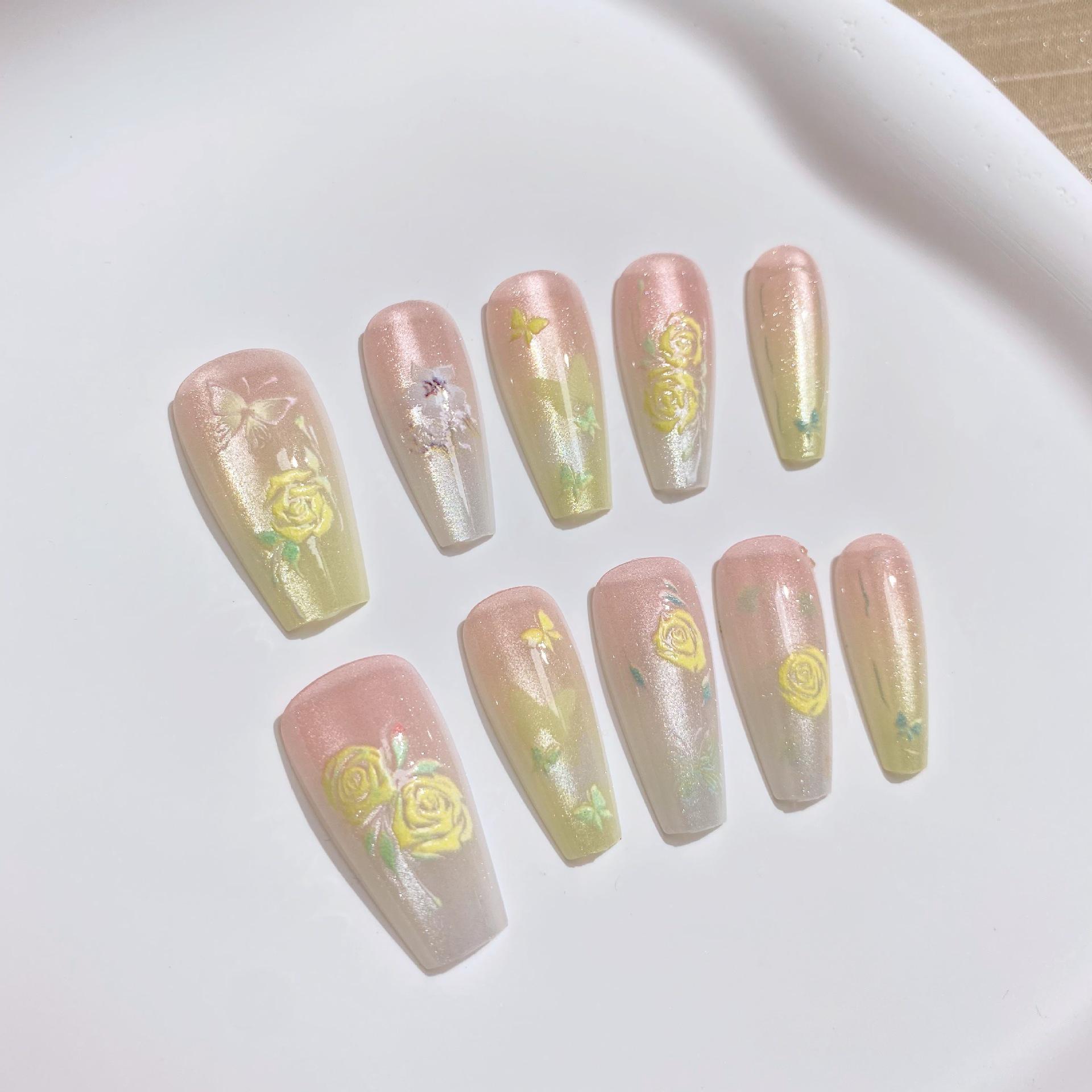

Yellow Rose Butterfly Press-On Nails: Gentle & Lively Relief Nail Art (10 Medium Tapered Pieces) S Small (Includes 5-Piece Tool Set)