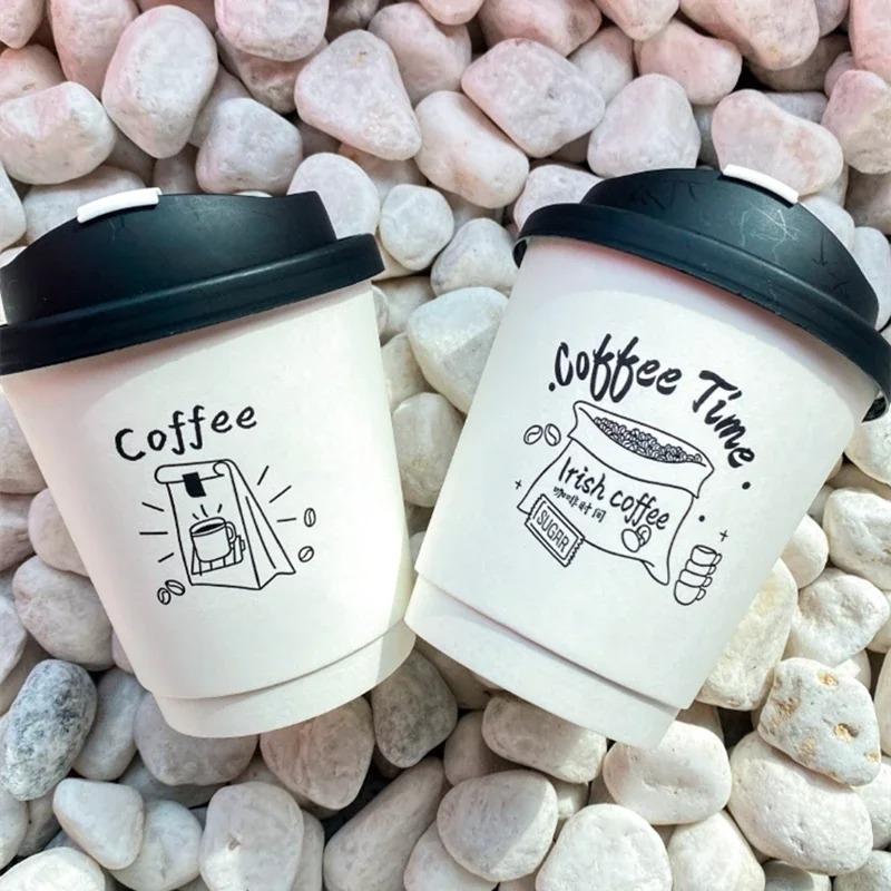Thickening Coffee Paper Cup Anti Scalding Hot Drinks Delivery Packing Disposable with Cover Fruit Juice Beverage Paper Cups