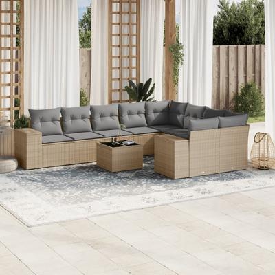 Vidaxl 10-Cz. Garden Furniture Set With Cushions, Beige, Poly Rattan