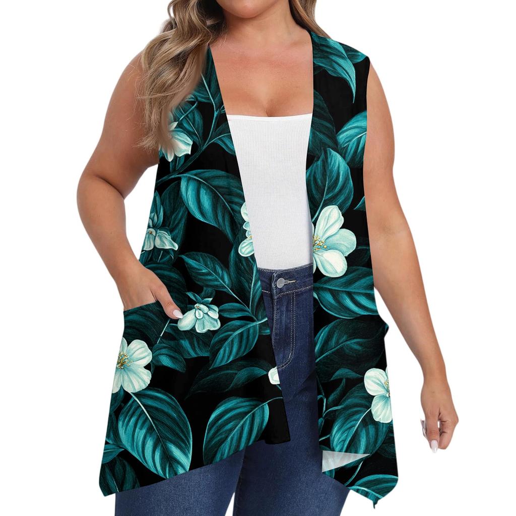 Women's Oversized Loose Casual Printed Sleeveless Vest With Pocket Cardigan Jacket Cardigan Jacket
