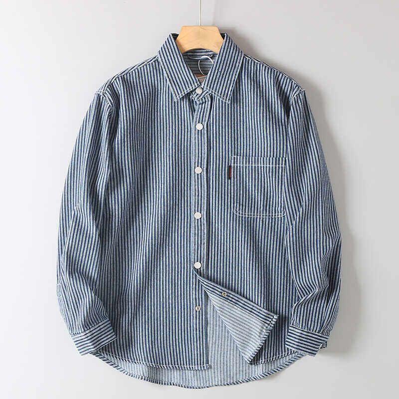 Japanese Retro Striped Denim Shirt for Men, Long-Sleeved, New Autumn Casual Loose Shirt, Men's Workwear Jacket, Trendy