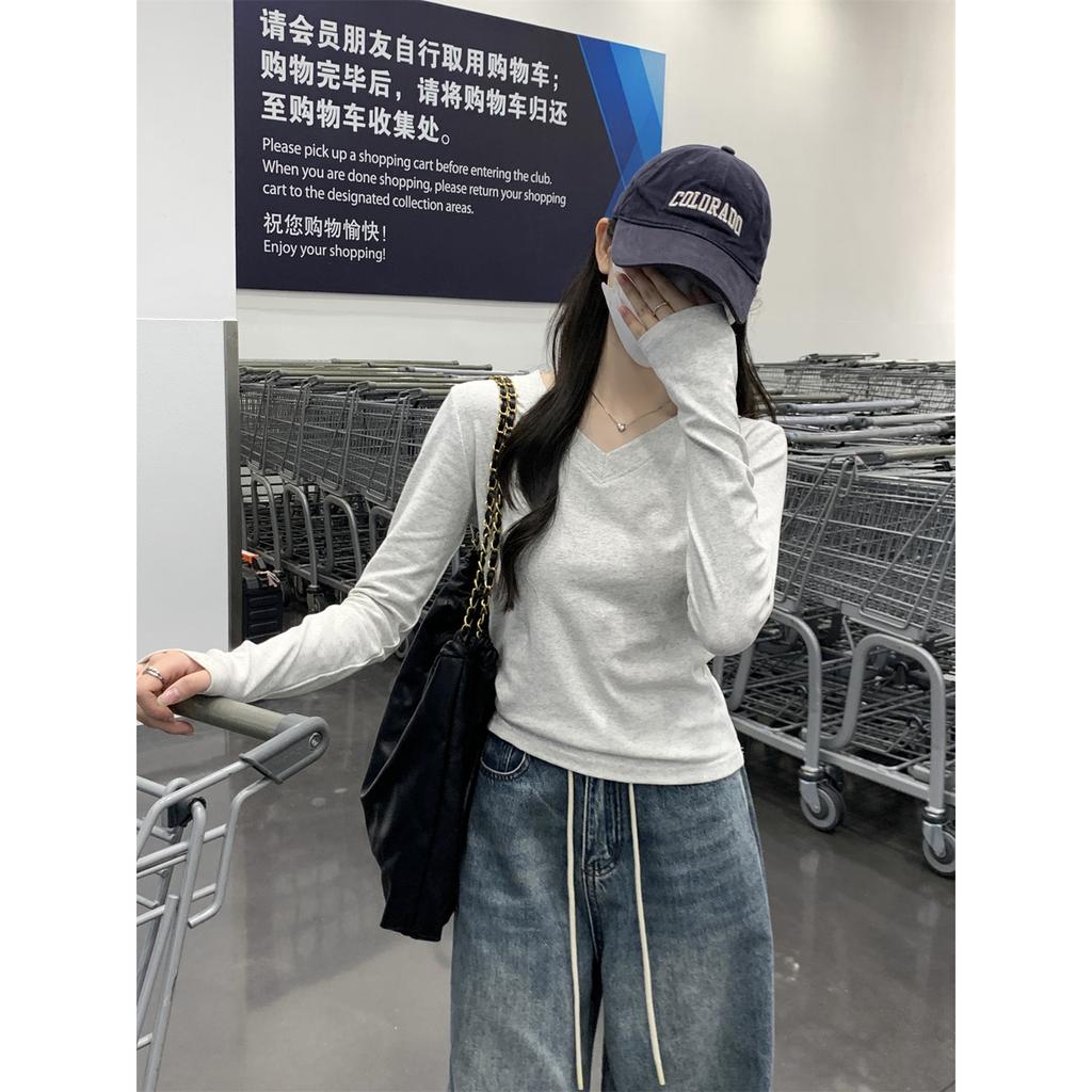 Front Shoulder Collar Slim-fitting and Thin Top Women's Spring Basic Long-sleeved T-shirt with Bottoming Shirt Versatile