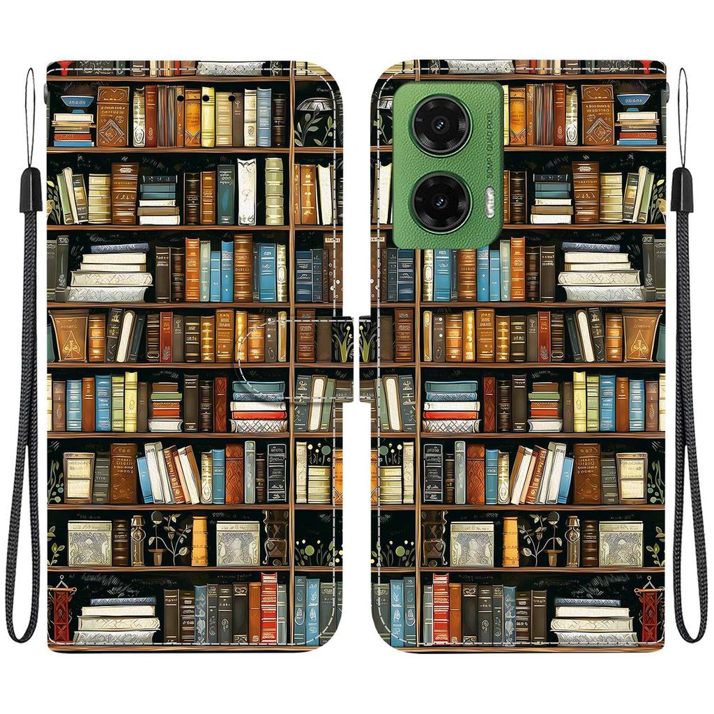 Handmade PU Leather Flip Case for Motorola Moto G35 Anti-Slip Shockproof Cover with Wrist Strap & Heart/Rose Cat Designs