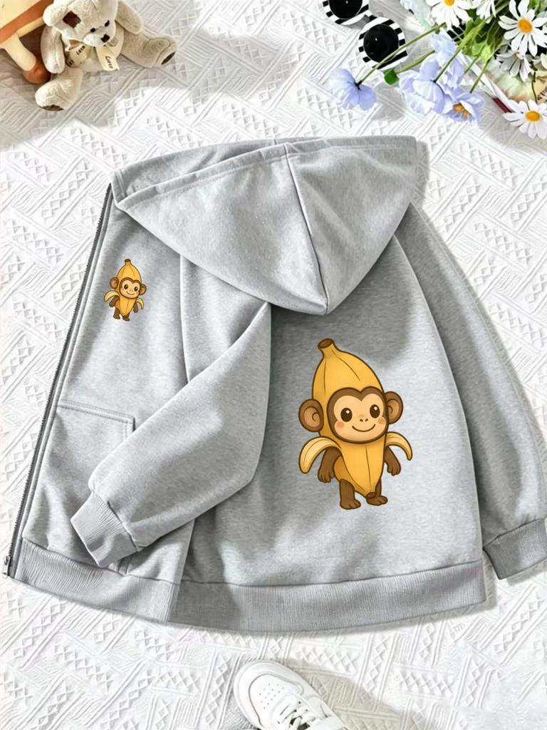 Childrens Black Zip Hooded Jacket Funny Banana Monkey Graphic Front Sleeve Double Print Long Sleeve Streetwear Coat