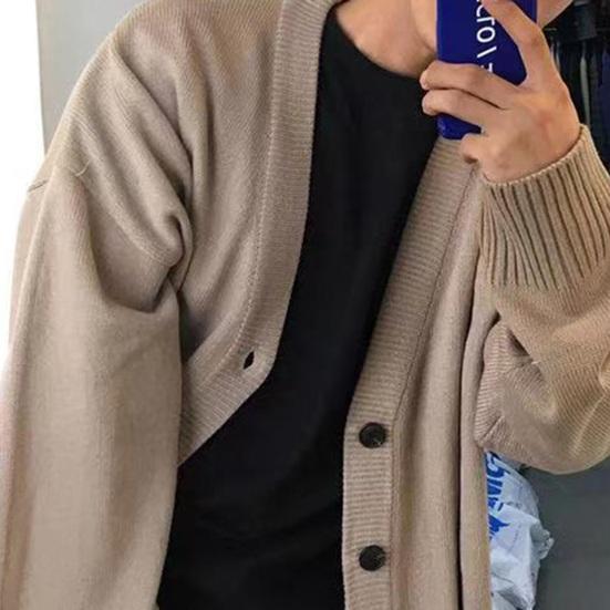 Fall Winter Men Sweater Cardigan V Neck Knit Thick Elastic Long Sleeves Loose Preppy Style Warm Solid Color Knitwear Daily Wear Sweater Coat