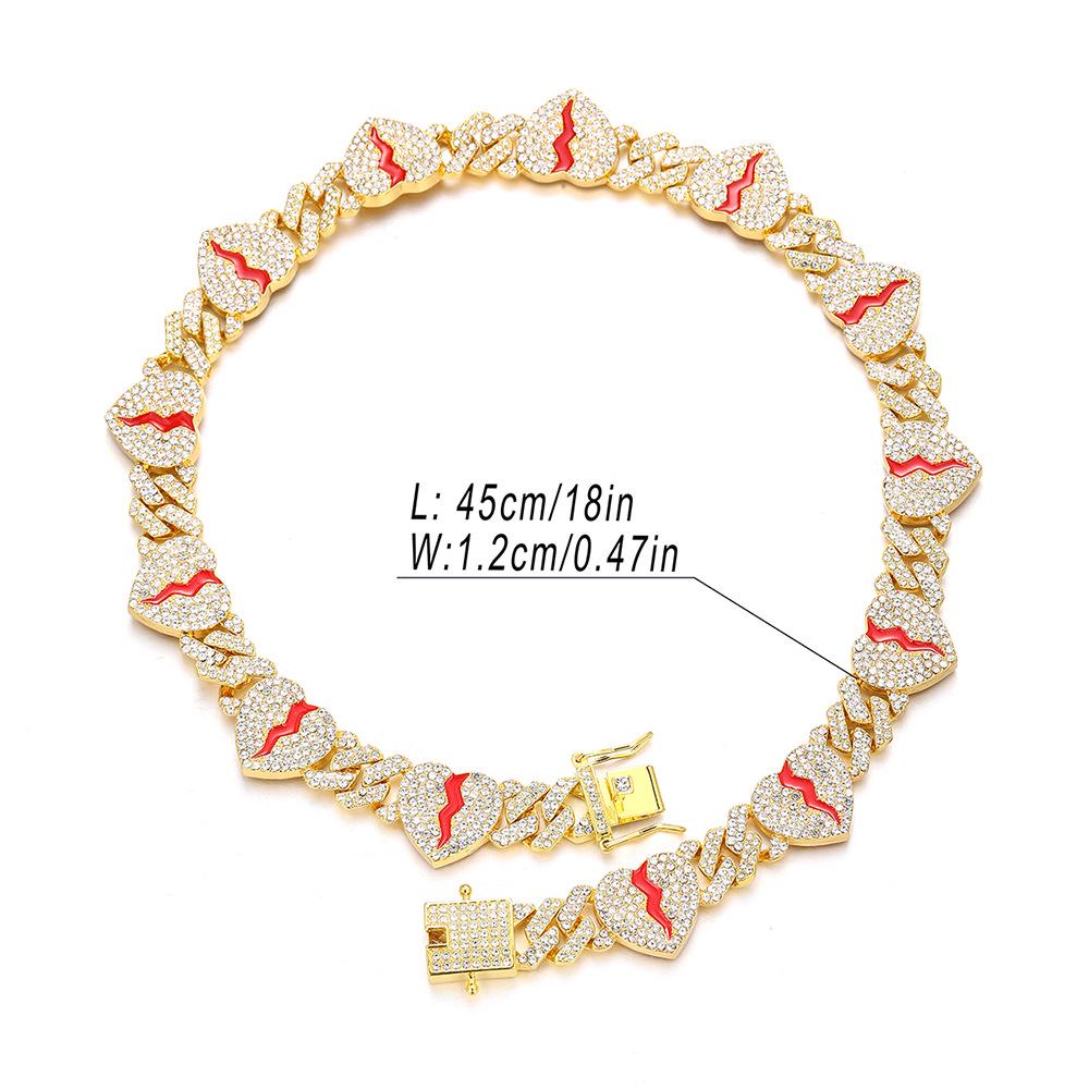 Personalized Heart Cuban Link Rhinestone Alloy Necklace - Red Crack Hip Hop Jewelry