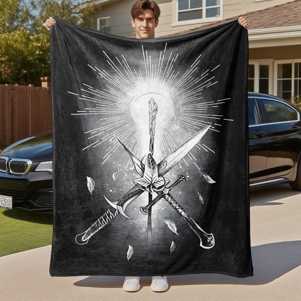 1pc Sword Leaf Light - Throw Blanket, Soft, Flannel Blankets, Living Room, All Seasons Use-1021181