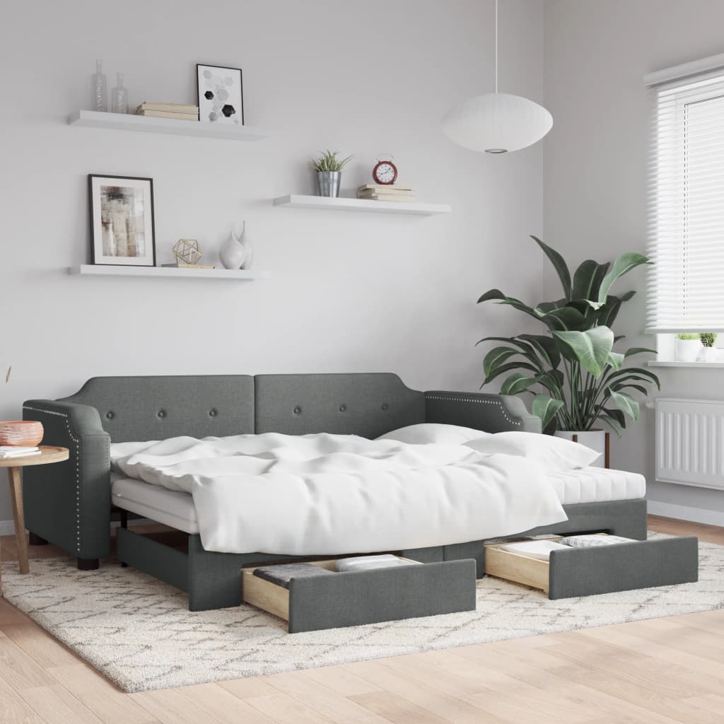 Extendable Daybed with Drawers Dark Grey 90x190 cm Fabric