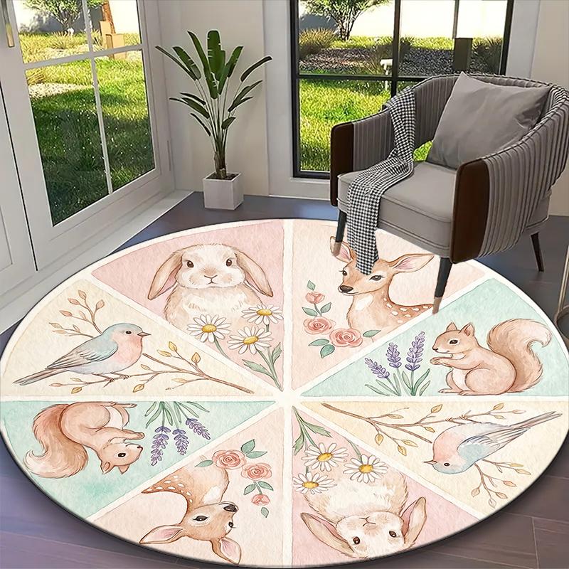 1pc Playful Bunny Rabbit Printed Chair Rug for Home Office Use, Living Room Kitchen Game Room Round Carpet