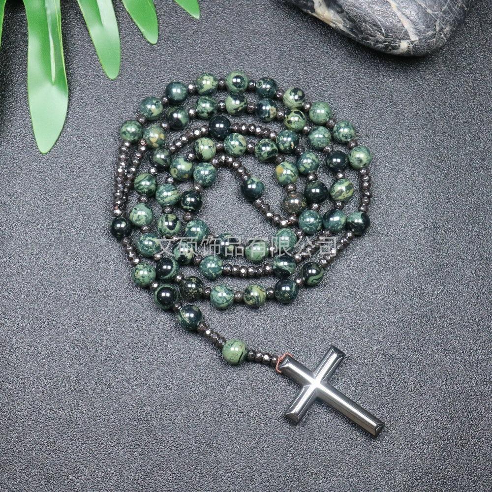 Collier pendentif croix en pierre naturelle, Croix en pierre d'œil de tigre et fer à bille chapelet collier pour homme