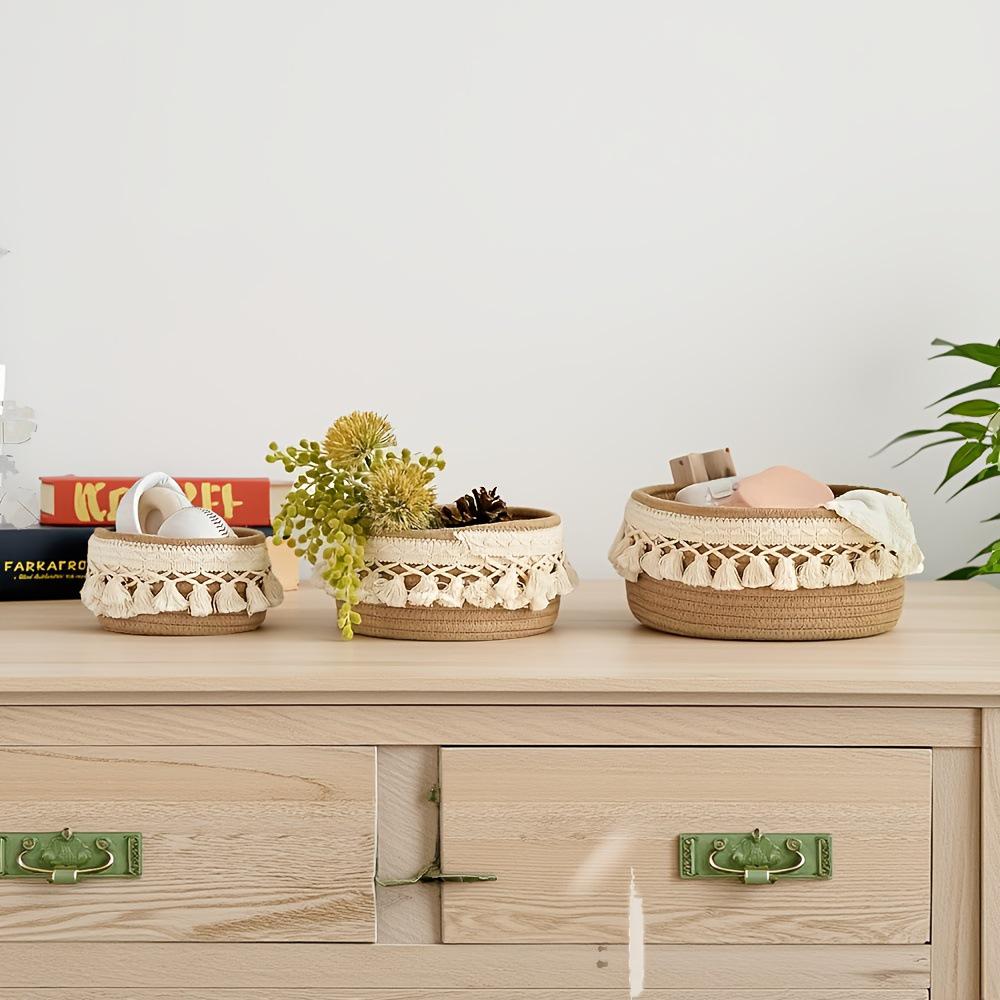 Round Tassel Cotton Rope Storage Basket Set - Country Style, Three-Piece Woven Clutter Organizer