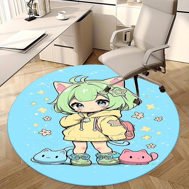 1pc Anime Cat Round Carpet  Office Chair Mat, NonSlip Rug for Home Decor, Seasonal Gift, Suitable for Office