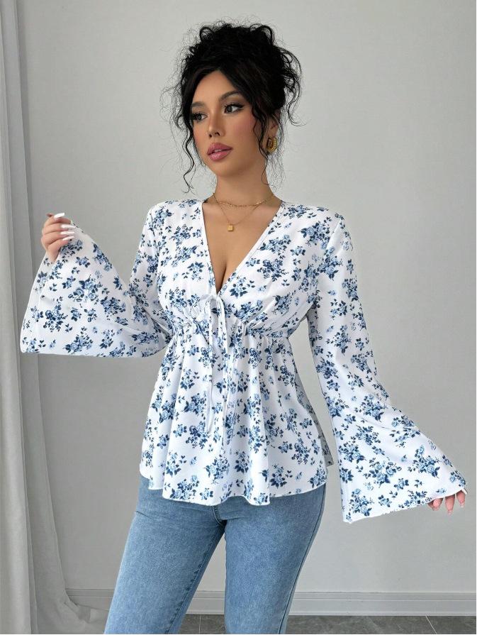 European-American Autumn/Winter High-Waisted Floral Print Shirt for Women - 2025 Sweet Style. L синий