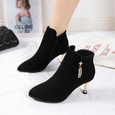 Damen Slim Heel Einzelstiefel Winter Neu Spitz Reißverschluss an der Seite Metallschnalle Rutschfest Verschleißfest Kurze Stiefel