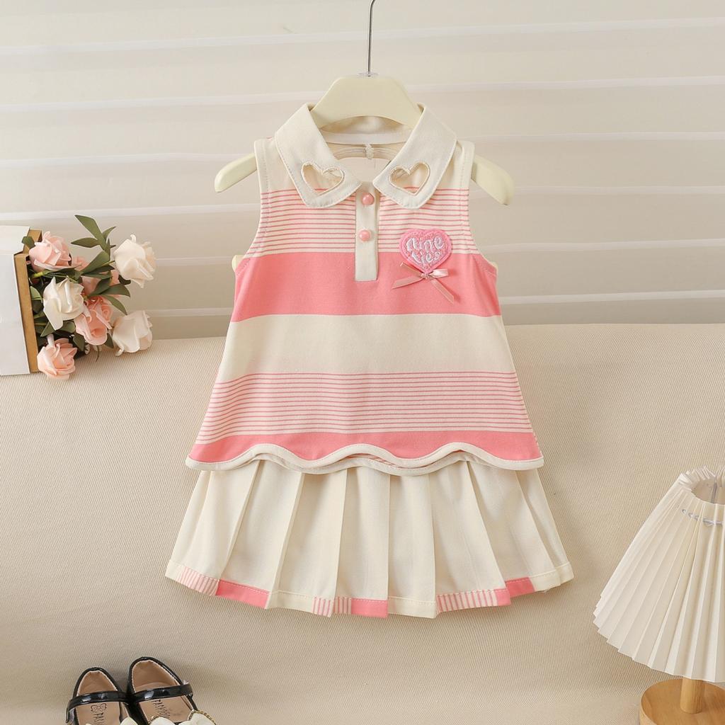 Girls Summer Sleeveless Backless Dress Set with Heart Cutout and Bow