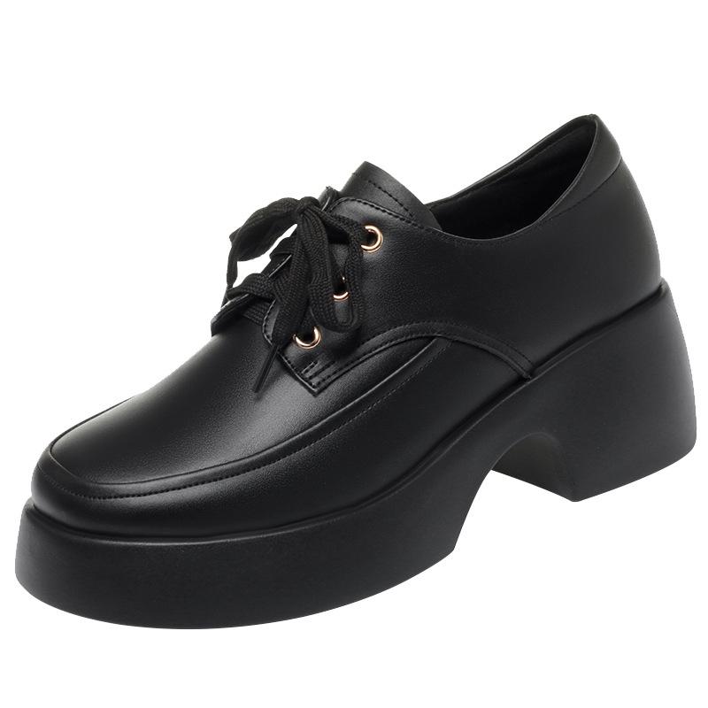 fashion 2024 Elegant Versatile Lace Up Comfortable Soft Leather Thick-Soled Woman New Retro Thick Sole High Heel Casual Single Shoes
