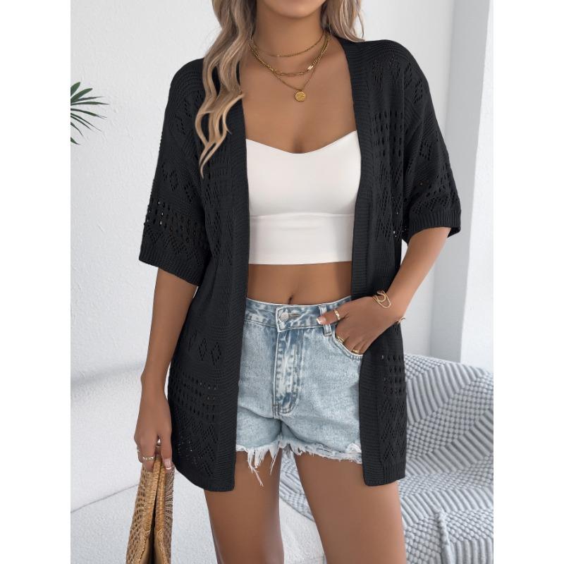 Women Solid Hollow Out Five Quarter Sleeve Knit Open Cardigan Casual Vacation Thin Outerwear
