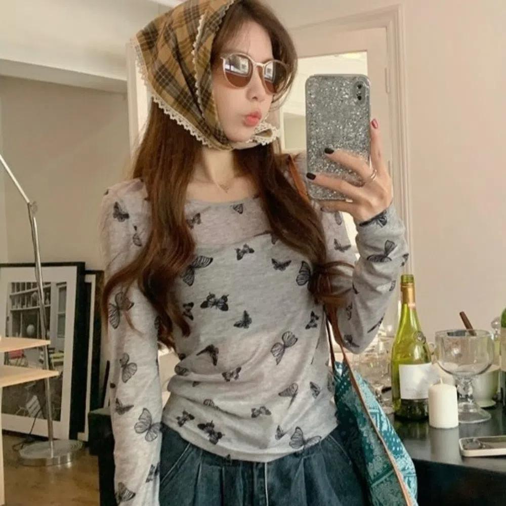 Butterfly Sun-protection Pullovers Y2k Bottoming Shirts Women American Retro Sheer Tops Women
