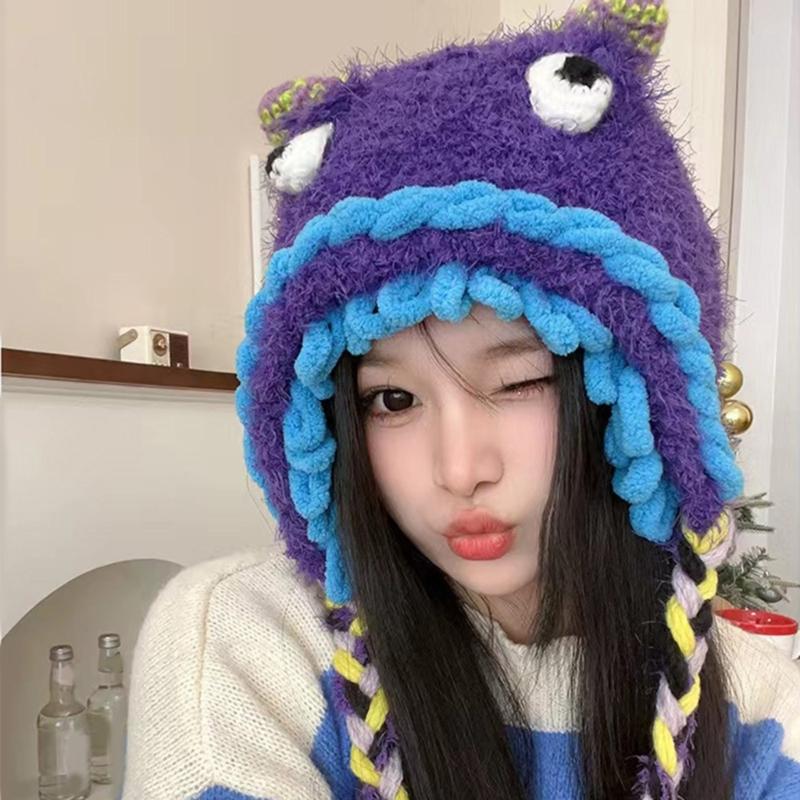 Winter Warm Plush Hat for Women Funny Monsters Hat Hooded Skull Hat Outdoor Activity Cap Windproof Headwear Pullover Hat