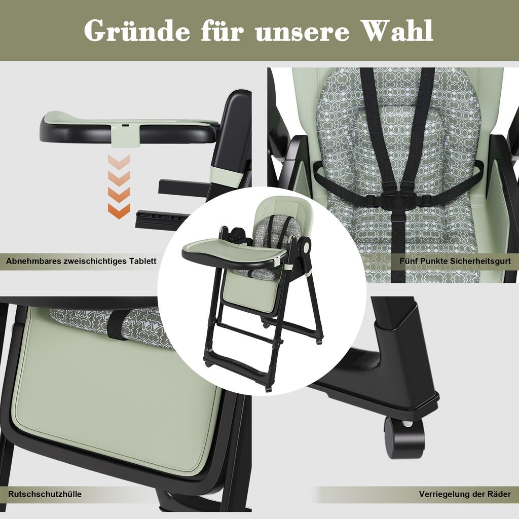 Chaise Haute Bébé 2-en-1 avec Fonction à Bascule, Harnais de Sécurité 5 Points, Roues Blocables, Plateau Amovible, Pliable et Réglable en Hauteur, Vert Foncé