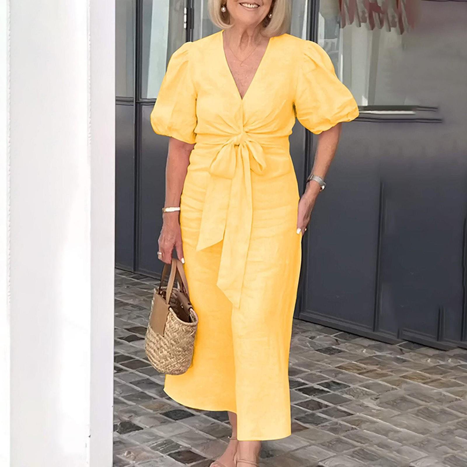 

Женское длинное однотонное хлопковое платье с V-образным вырезом и рукавами-пузырьками, модное платье XL жёлтый