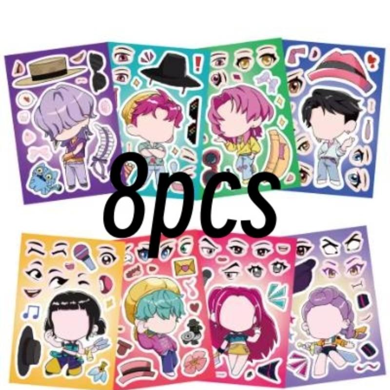 8/16/24Sheets Funny Kpop Demon Hunters Make A Face Puzzle Stickers Kids DIY Game Children Jigsaw  Toy Gift