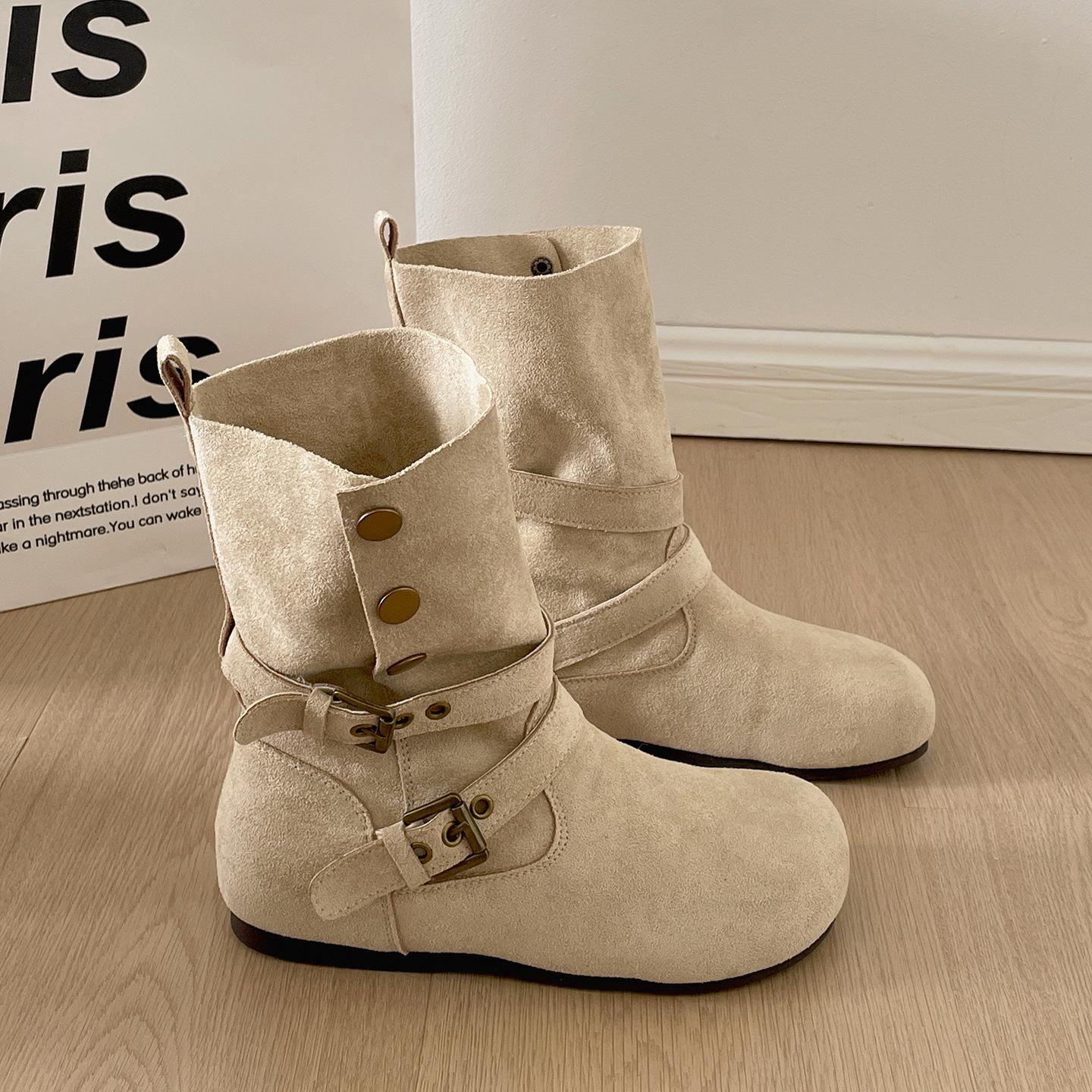 

Autumn Women s Boots 2026 Comfortable Non Slip Outdoor Flat Ankle Boots Retro Outdoors Suede Leather Cowboy Boots Botas Mujer 35 бежевый