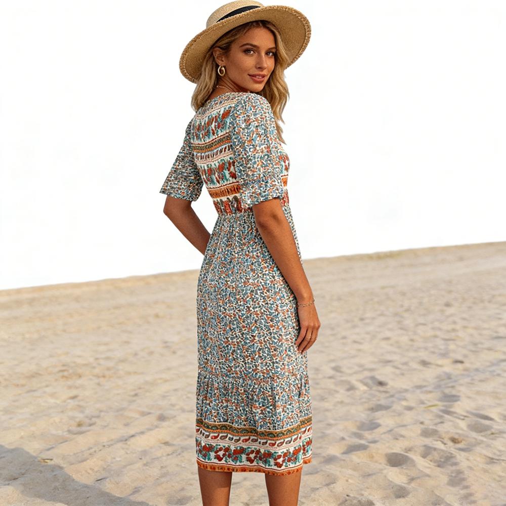 Women Bohemian Print Half Sleeve Flowy Midi Dress Elegant Outdoor Daily Wear