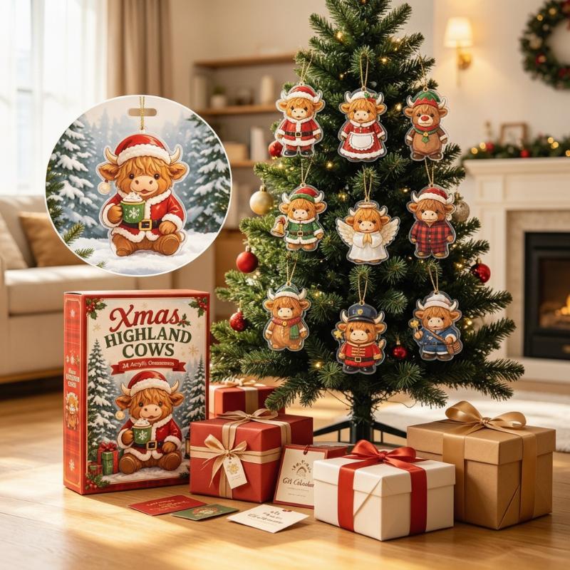 Highland Cow Advent Calendar 2026 With 24 Mini Cattle Figurines, 2D Acrylic Christmas Tree Decoration Pendant, Christmas Gift