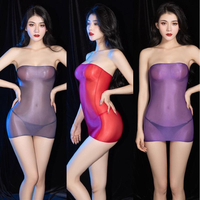 Sexy Oil Glossy Shin Sheer Micro Mini Dress See Through Bodycon Sexy Tight Pencil Cute Dress Smooth Elastic Bandage Dress