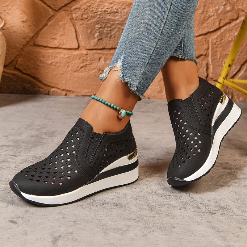 Fashion Hollow Out Women Shoes Fashion Wedges Sneakers Light Pu Leather Casual Shoes for Women Comfortable Slip On Loafers Zapatos Mujer