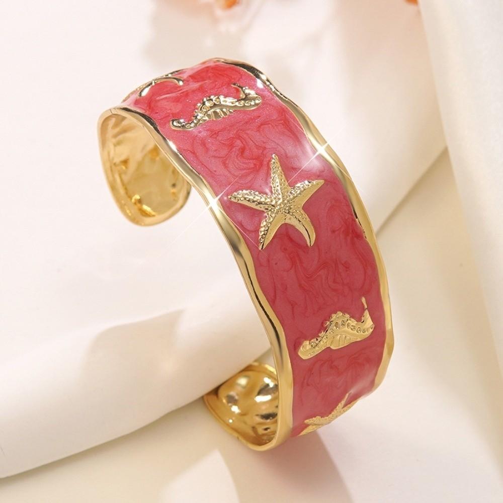Metal Shell Starfish Seahorse Bracelet Enamel Design Open Cuff Bangle Summer Style C