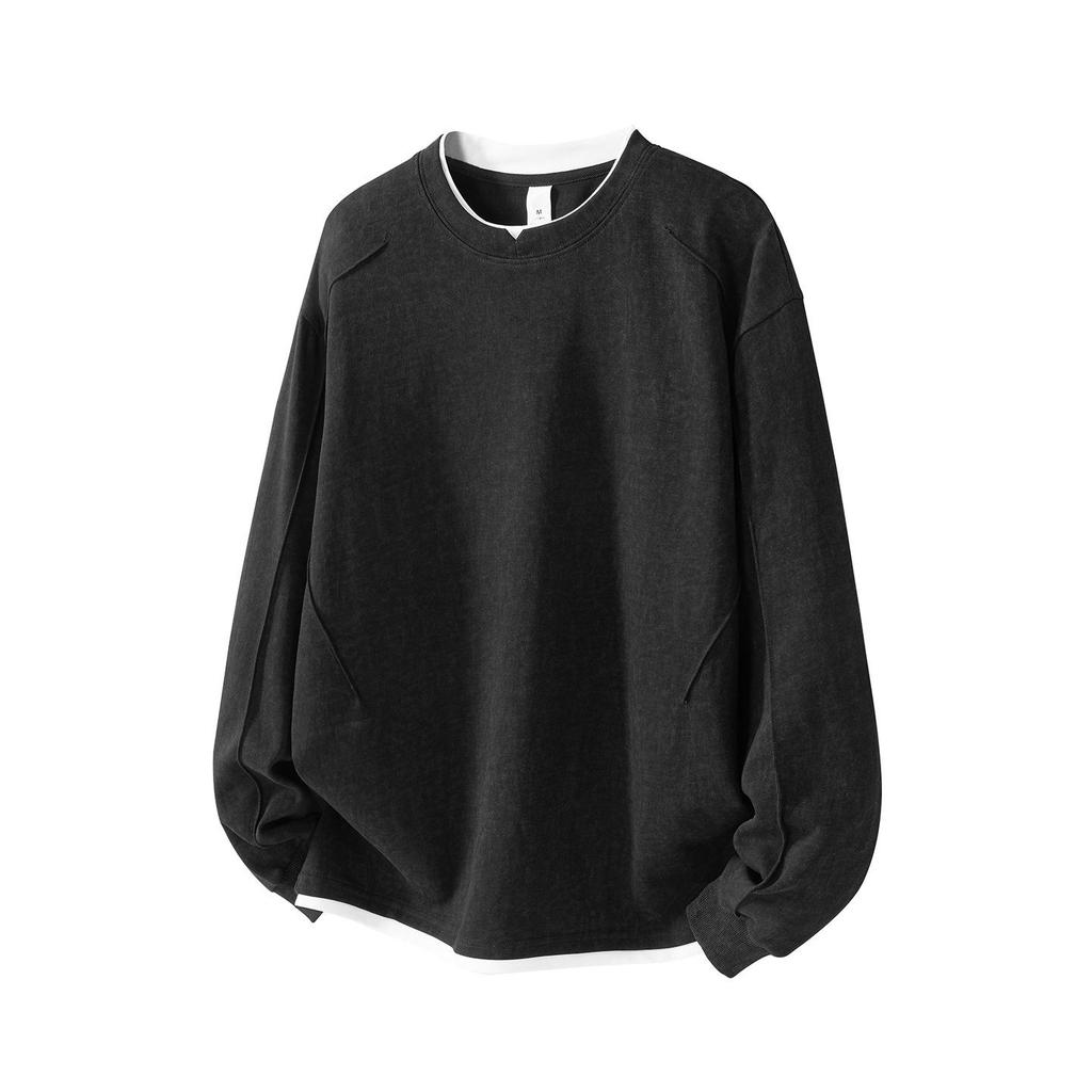 Men's Black Gray Hoodie - Trendy Washed Fabric, Fake Two-Piece Design, 260g