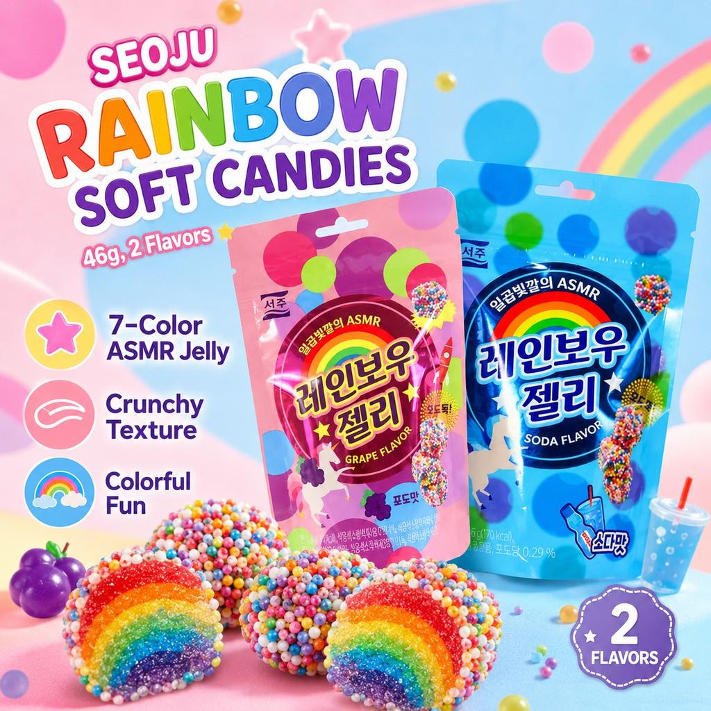 SEOJU Rainbow Zachte Snoepjes 46g, 2 smaken | Rijke Fruitsmaak, Kauwbare Kleurrijke Textuur, Handige Snack