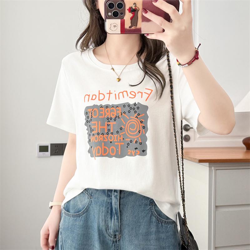 2026 Plus Size Women's Short Sleeve Letter Print Cotton T-shirt, Casual Round Neck Top