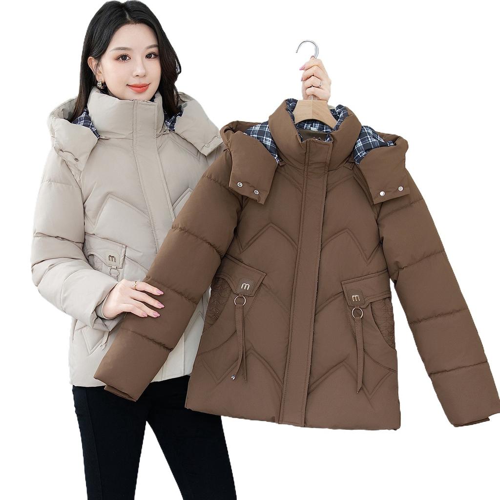 XL fattened large size plaid splicing hooded down cotton-padded jacket women's new loose cotton-padded jacket thickened cotton jacket