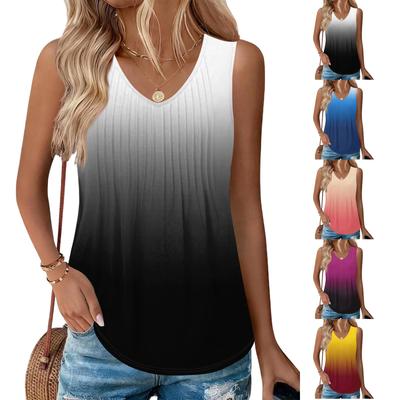Women's Fashionable Sleeveless Vest With Pleats, V-neck, Tie- Gradient Color, Loose Fit, Flowy Summer Top