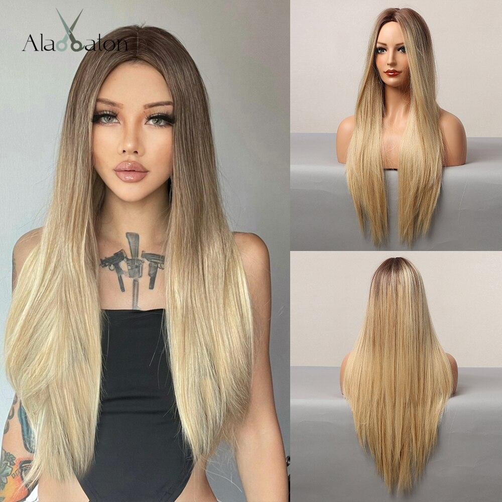 ALAN EATON Ash Grey Brown Mixed Synthetic Wigs for Women Long Straight Middle Part Hair Wigs Daily Cosplay Use Heat Resistant