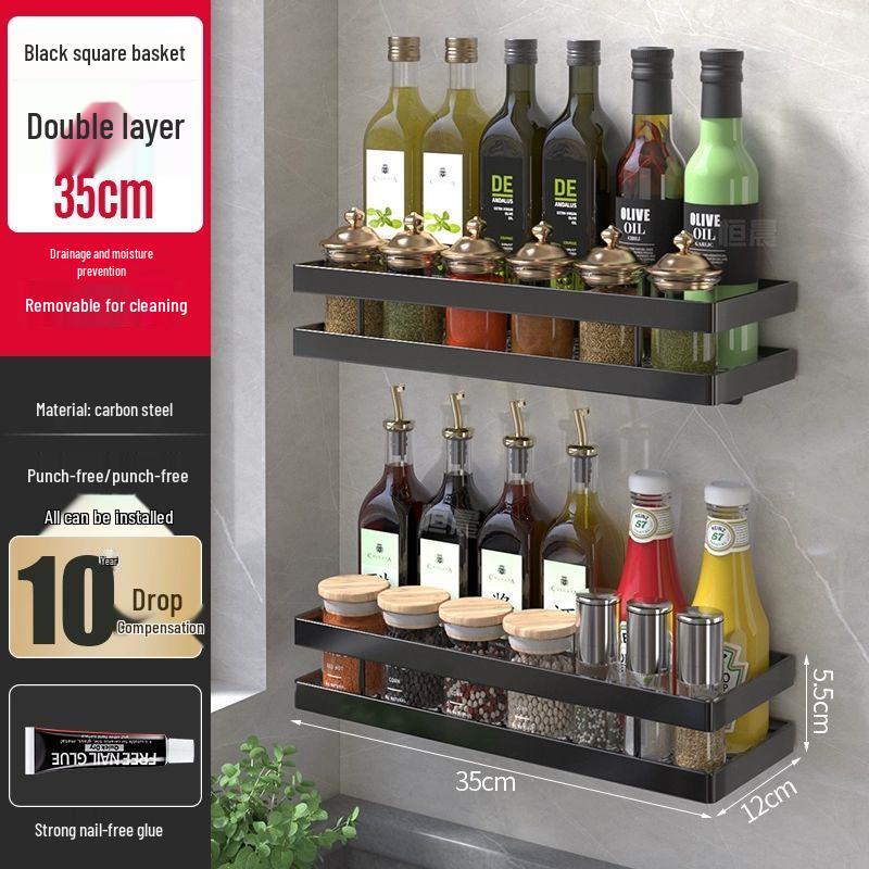 Wall-Mounted Multi-Tier Kitchen Storage Rack, No-Punch Design, for Seasoning and Refrigerator Side Organization