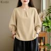Women Casual Round Neck Solid Color Loose 3/4 Sleeve Blouse