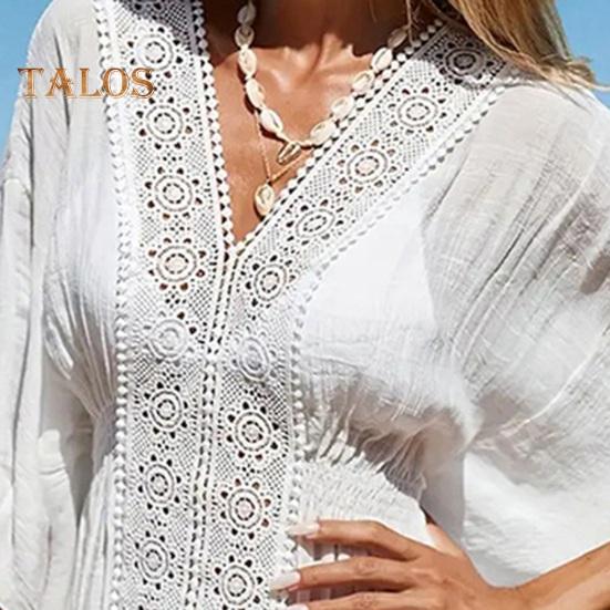 Cover Up Dress V-Neck Batwing Sleeve Hollow Pattern Neckline Bikini Swimsuit Cover Up with Elastic Waist Summer Outdoor Wear