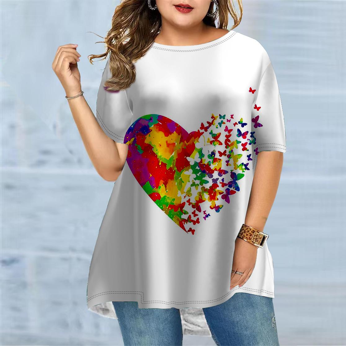 

Женская летняя футболка с принтом «Любовь и бабочка», удобная футболка с короткими рукавами и круглым вырезом, повседневная мешковатая футболка средней длины размера плюс 3XL белый