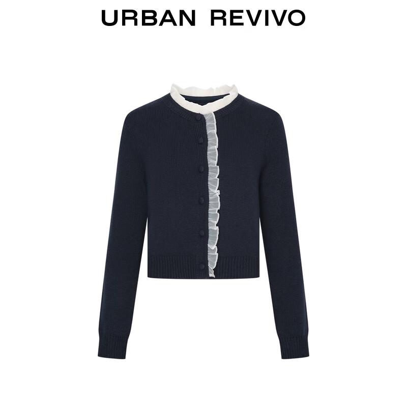 UR 2025 Winter Women's Color-Blocked Ruffle Knit Cardigan