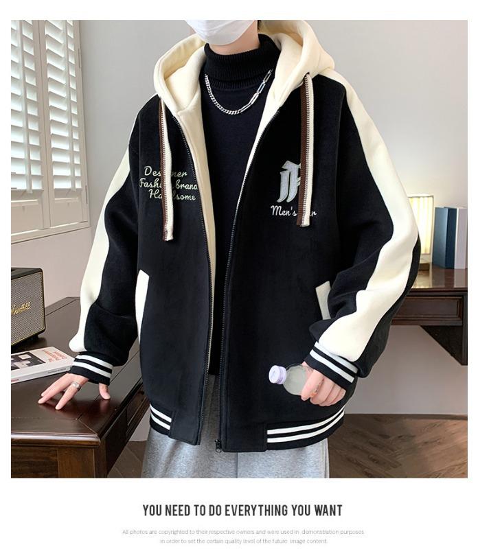 Teen Boys' Trendy Velvet-Style Baseball Jacket Hoodie