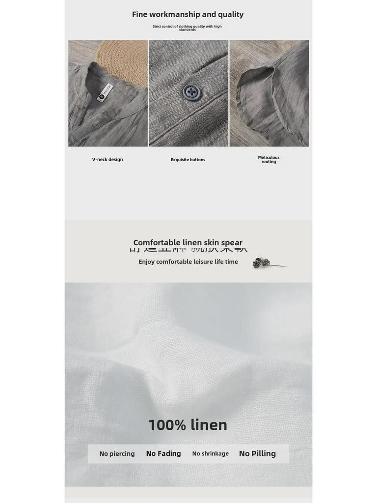 Men's Retro Summer Linen V-Neck T-Shirt - Short-Sleeve, Stand-Up Collar, Breathable & Lightweight