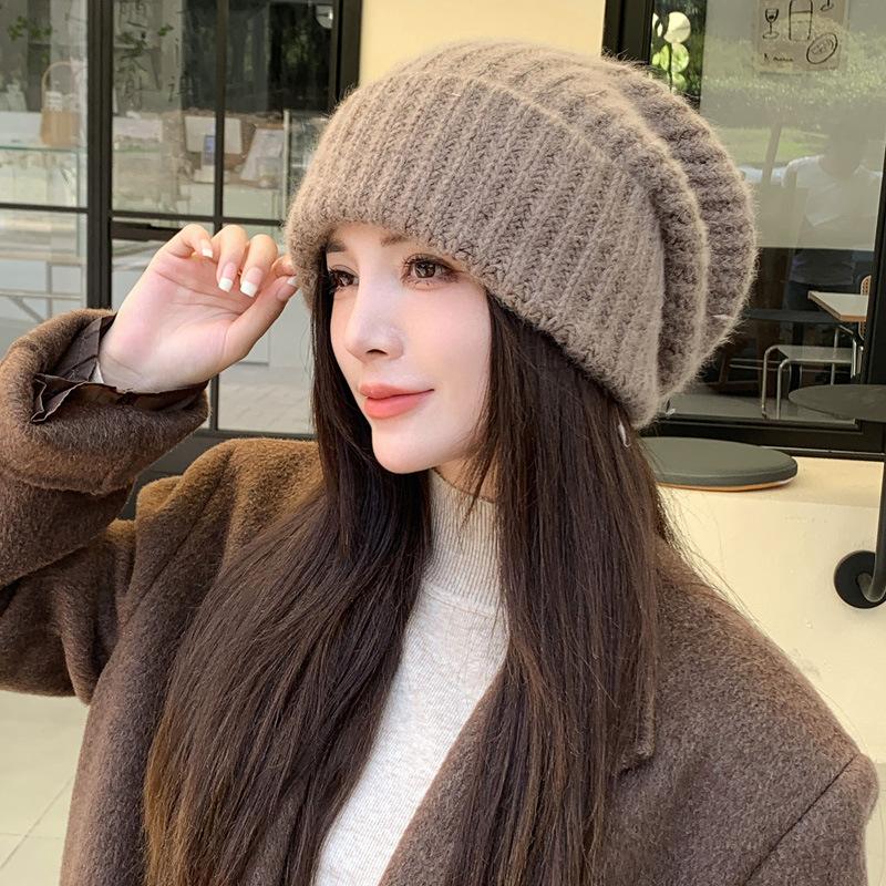 New hat women's big head circumference thickened stacking hat fashionable versatile warm show small face ear protection knitted wool hat