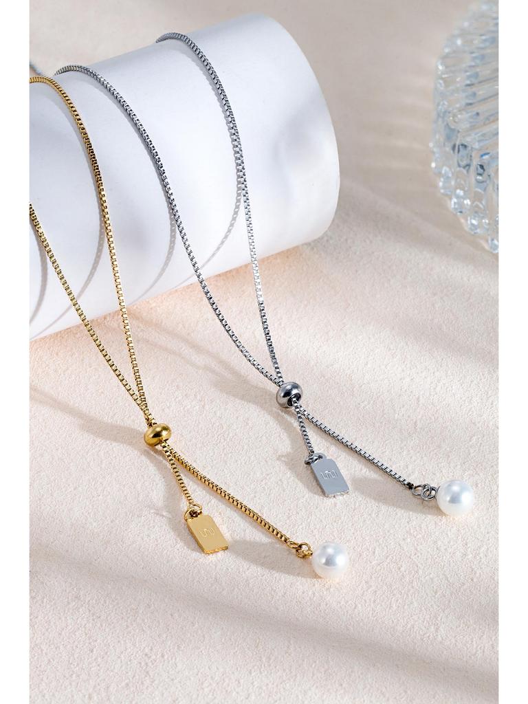 18K Gold-Plated Pearl Necklace with Adjustable Drawstring - Titanium Steel Clavicle Chain for Women