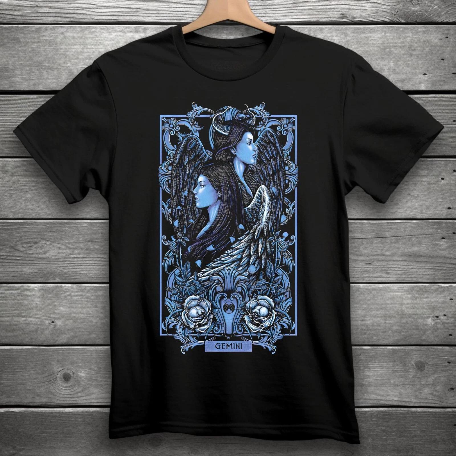 Gemini Zodiac Sign Goth Skull Unisex Black T-Shirt S-3XL M